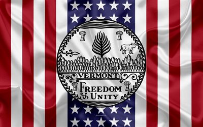 Vermont, USA, 4k, American state, Seal of Vermont, silk texture, US states, emblem, states seal, American flag