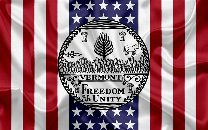Vermont, USA, 4k, Amerikan valtio, Seal of Vermont, silkki tekstuuri, YHDYSVALTOJEN, tunnus, valtioiden tiiviste, Amerikan lippu
