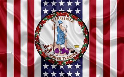 Virginia, USA, 4k, Amerikan valtio, Seal of Virginia, silkki tekstuuri, YHDYSVALTOJEN, tunnus, valtioiden tiiviste, Amerikan lippu