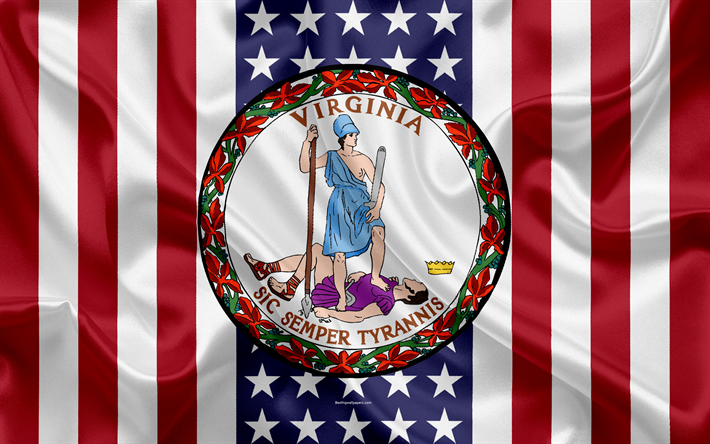 Virginia, USA, 4k, American state, Seal of Virginia, silk texture, US states, emblem, states seal, American flag