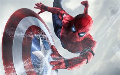 Spiderman, art, superheroes, Captain America Shield
