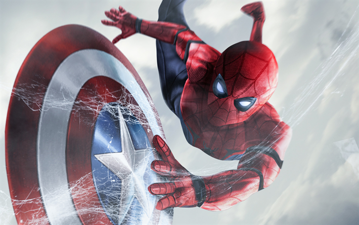 Spiderman, sanat, s&#252;per kahraman, Kaptan Amerika Kalkanı