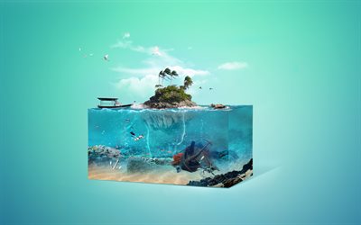 4k, sea, island, storm, waves, art, aquarium, underwater world