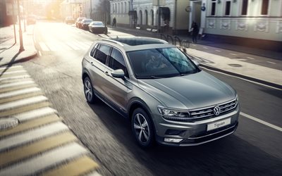 Volkswagen Tiguan, 2018, 4k, esterno, vista frontale, nuova Tiguan grigio, auto tedesche, Volkswagen