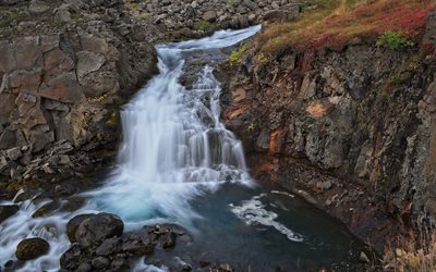 cascada de agua, rocas, monta&#241;a, cascada, piedras, Islandia