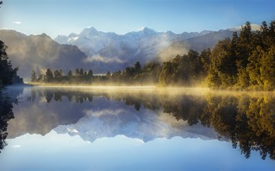 Sj&#246;n Leran, morgon, dimma, Mount Cook, Nya Zeeland