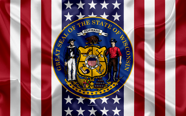 Wisconsin, &#233;tats-unis, 4k, d&#39;&#233;tat Am&#233;ricain, le Sceau de l&#39;&#233;tat du Wisconsin, soie, texture, de l&#39;embl&#232;me, les &#233;tats sceau du drapeau Am&#233;ricain