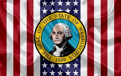 Washington, USA, 4k, Amerikan valtio, Seal of Washington, silkki tekstuuri, YHDYSVALTOJEN, tunnus, valtioiden tiiviste, Amerikan lippu