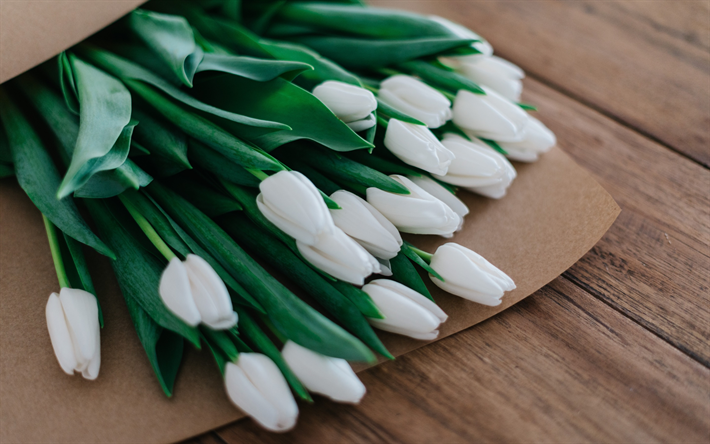 tulipanes blancos, ramo de flores de primavera, la primavera, el ramo de tulipanes, flores blancas