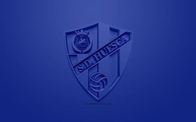 SD Huesca, yaratıcı 3D logosu, mavi arka plan, 3d amblem, İspanyol Futbol Kul&#252;b&#252;, UEFA Şampiyonlar Ligi, Huesca, İspanya, 3d sanat, futbol, 3d logo, Sociedad Deportiva Huesca şık