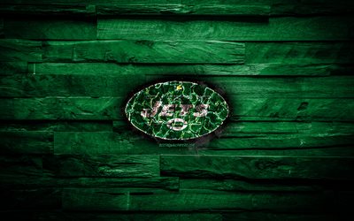 New York Jets, 4k, scorched logo, NFL, green wooden background, american baseball team, American Football Conference, NY Jets, grunge, baseball, New York Jets logo, fire texture, USA, AFC