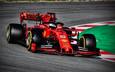 4k, Sebastian Vettel, Ferrari SF90 on track, 2019 F1 cars, raceway, Formula 1, Scuderia Ferrari, Ferrari SF90, new SF90, F1, Ferrari 064, Ferrari 2019, F1 cars, Ferrari
