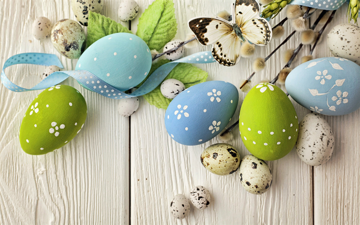 Easter decoration, spring, Easter eggs, butterflies, sprigs of vines, Easter