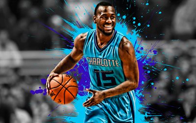 Kemba Walker, giocatore di basket Americano, Charlotte Hornets, difensore, blu, viola schizzi di vernice, arte creativa, NBA, USA, basket, Associazione Nazionale di Basket, grunge