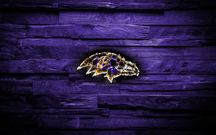 Baltimore Ravens, 4k, scorched logo, NFL, violet wooden background, american baseball team, American Football Conference, grunge, baseball, Baltimore Ravens logo, fire texture, USA, AFC