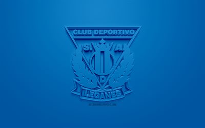 CD Leganes, creative 3D logo, blue background, 3d emblem, Spanish football club, La Liga, Leganes, Spain, 3d art, football, stylish 3d logo