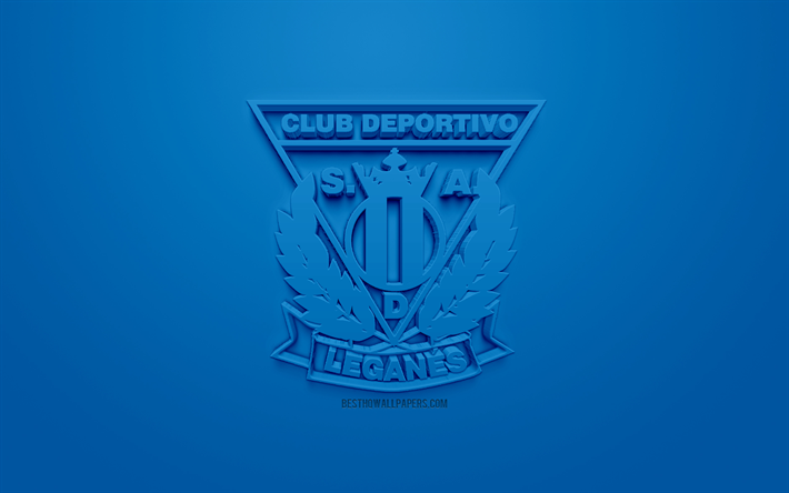 CD Leganes, creativo logo 3D, sfondo blu, emblema 3d, club spagnolo, La Liga, Leganes, Spagna, 3d, arte, calcio, elegante logo 3d