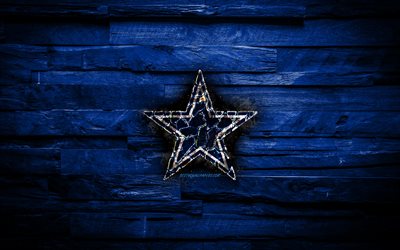 Des Cowboys de Dallas, 4k, br&#251;l&#233;e logo, de la NFL, bleu, en bois, fond, am&#233;ricain de baseball de l&#39;&#233;quipe Nationale de Football de la Conf&#233;rence, le grunge, le baseball, le logo des Cowboys de Dallas, le feu de la texture, eta