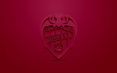 Levante UD, yaratıcı 3D logo, bordo arka plan, 3d amblem, İspanyol Futbol Kul&#252;b&#252;, UEFA Şampiyonlar Ligi, Valencia, İspanya, 3d sanat, futbol, 3d logo şık
