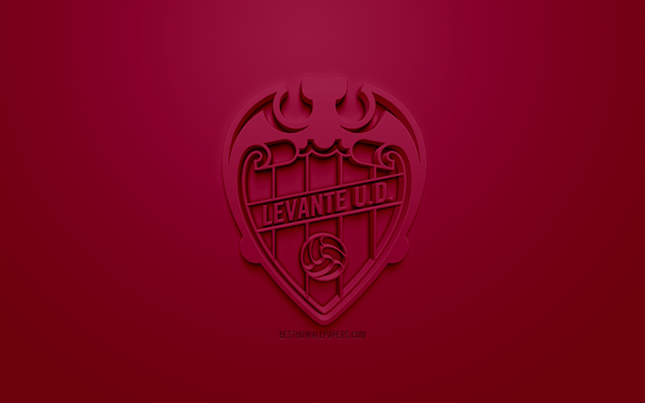 Levante UD, creative 3D logo, burgundy background, 3d emblem, Spanish football club, La Liga, Valencia, Spain, 3d art, football, stylish 3d logo