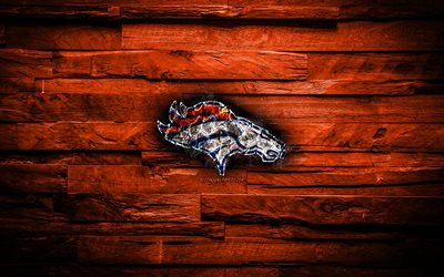 Denver Broncos, 4k, scorched logo, NFL, orange wooden background, american baseball team, American Football Conference, grunge, baseball, Denver Broncos logo, fire texture, USA, AFC