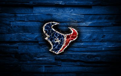 Houston Texans, 4k, scorched logo, NFL, blue wooden background, american baseball team, American Football Conference, grunge, baseball, Houston Texans logo, fire texture, USA, AFC