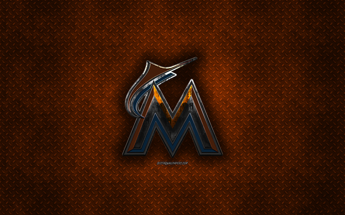 Miami Marlins, Amerikan beyzbol kul&#252;b&#252;, turuncu metal doku, metal logo, amblem, HABERLER, Miami, Florida, USA, Major League Baseball, yaratıcı sanat, beyzbol