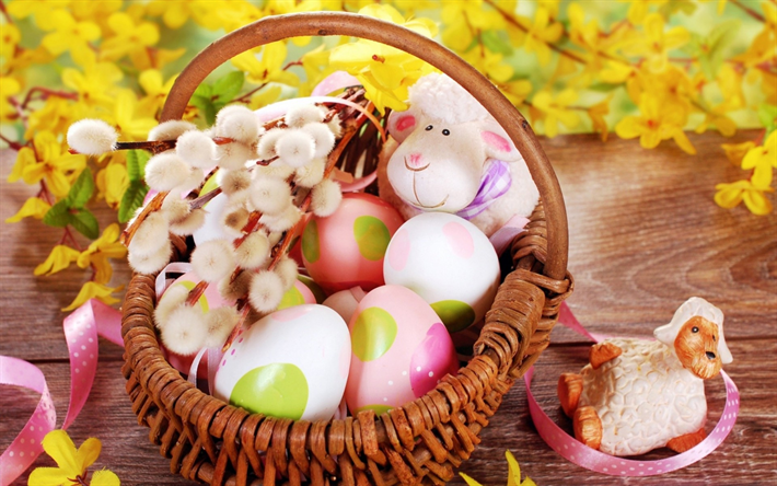 Canasta de pascua, primavera, paisaje, huevos de Pascua, Pascua