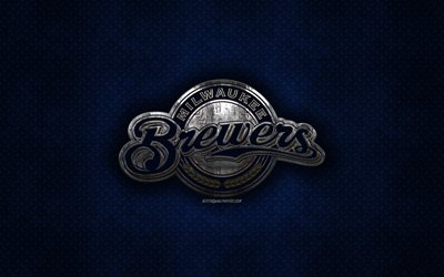 Milwaukee Brewers, American baseball club, blue metal texture, metal logo, emblem, MLB, Milwaukee, Wisconsin, USA, Major League Baseball, creative art, baseball