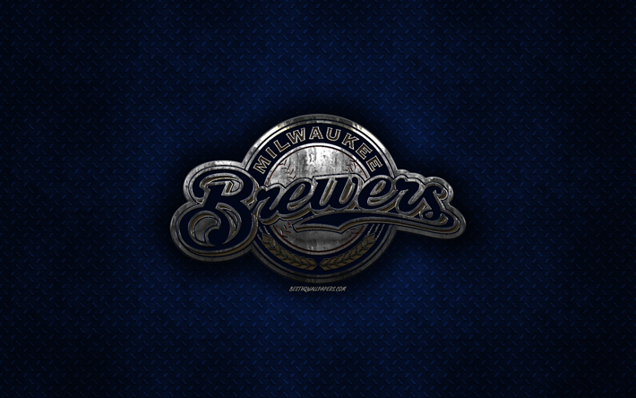 Los Cerveceros de Milwaukee, American club de b&#233;isbol de metal azul textura de metal, logotipo, emblema, MLB, Milwaukee, Wisconsin, estados UNIDOS, la Major League Baseball, arte creativo, b&#233;isbol
