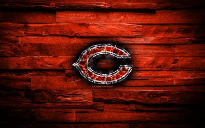 Chicago Bears, 4k, scorched logo, NFL, orange wooden background, american baseball team, National Football Conference, grunge, baseball, Chicago Bears logo, fire texture, USA, NFC