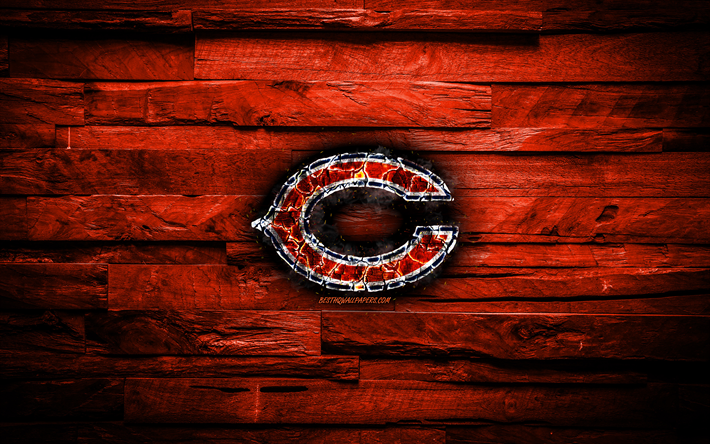 Chicago Bears, 4k, scorched logo, NFL, orange wooden background, american baseball team, National Football Conference, grunge, baseball, Chicago Bears logo, fire texture, USA, NFC