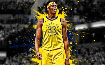 Myles Turner, Amerikan basketbol oyuncusu, Indiana Pacers, ileri, sarı mavi mor boya sı&#231;raması, yaratıcı sanat, NBA, ABD, Basketbol, grunge