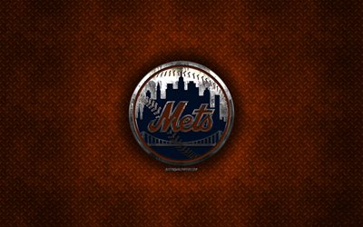 New York Mets, American baseball club, orange metal texture, metal logo, emblem, MLB, New York, USA, Major League Baseball, creative art, baseball