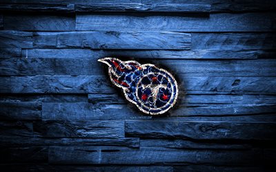 Tennessee Titans, 4k, scorched logo, NFL, blue wooden background, american baseball team, American Football Conference, grunge, baseball, Tennessee Titans logo, fire texture, USA, AFC
