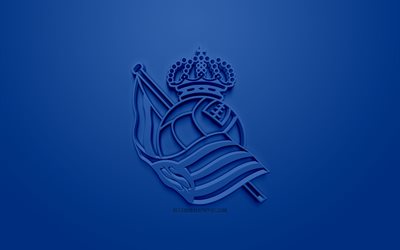 Real Sociedad, creative 3D logo, blue background, 3d emblem, Spanish football club, La Liga, San Sebastian, Spain, 3d art, football, stylish 3d logo