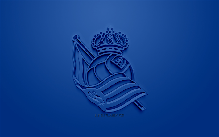Royal Society, kreativa 3D-logotyp, bl&#229; bakgrund, 3d-emblem, Spansk fotbollsklubb, Ligan, San Sebastian, Spanien, 3d-konst, fotboll, snygg 3d-logo
