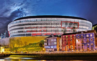 San Manes Futbol Stadyumu, İspanyol Futbol Stadyumu, Bilbao, İspanya, akşam, modern spor sahaları, Atletik Bilbao Stadyumu