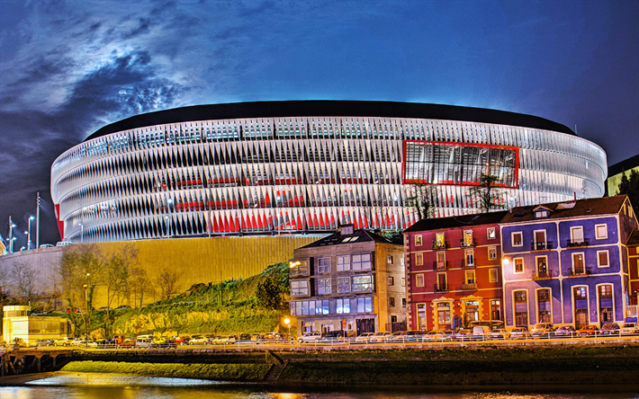 Stade San Mames, espagnol, Stade de Football, Bilbao, en Espagne, en soir&#233;e, moderne ar&#232;nes de sports, Stade de l&#39;Athletic Bilbao