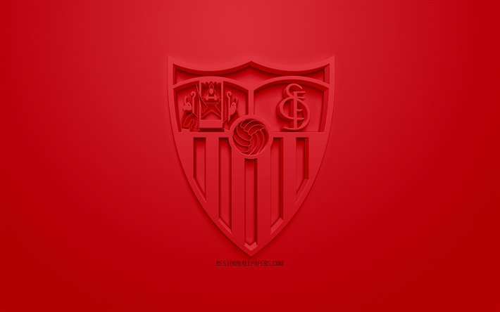 Sevilla FC, creative 3D logo, red background, 3d emblem, Spanish football club, La Liga, Sevilla, Spain, 3d art, football, stylish 3d logo