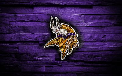 Minnesota Vikings, 4k, scorched logo, NFL, violet wooden background, american baseball team, National Football Conference, grunge, baseball, Minnesota Vikings logo, fire texture, USA, NFC