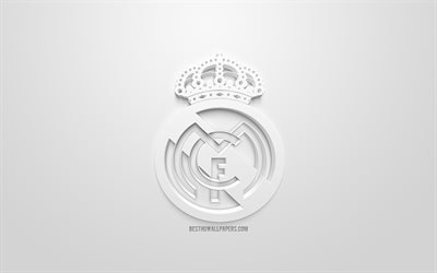 Real Madrid, yaratıcı 3D logo, beyaz arka plan, 3d amblem, İspanyol Futbol Kul&#252;b&#252;, UEFA Şampiyonlar Ligi, Madrid, İspanya, 3d sanat, futbol, 3d logo şık