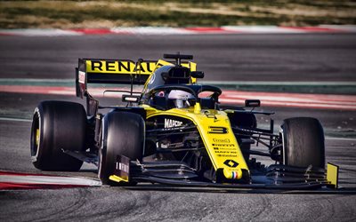 ダニエル-Ricciardo, ルノー RS19, 4k, レースウェイ, 2019年F1車, 式1, ルノー F1チーム, フォーミュラワン, F1 2019年, 新RS19, F1, ルノー E-19, F1車