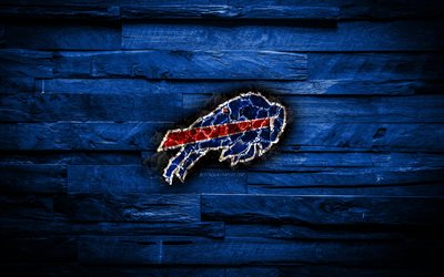 Buffalo Bills, 4k, scorched logo, NFL, blue wooden background, american baseball team, American Football Conference, grunge, baseball, Buffalo Bills logo, fire texture, USA, AFC