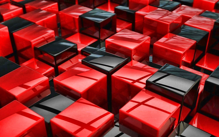 rojo y negro cubos, geometr&#237;a, arte 3D, figuras geom&#233;tricas, cubos