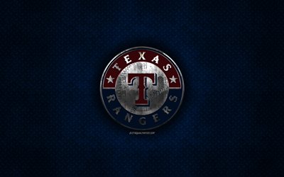 texas rangers, american baseball club, blau metall textur -, metall-logo, emblem, mlb, arlington, texas, usa, major league baseball, kreative kunst -, baseball