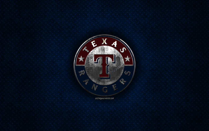 Texas Rangers, American baseball club, blue metal texture, metal logo, emblem, MLB, Arlington, Texas, USA, Major League Baseball, creative art, baseball
