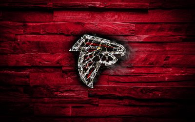 Atlanta Falcons, 4k, scorched logo, NFL, red wooden background, american baseball team, National Football Conference, grunge, baseball, Atlanta Falcons logo, fire texture, USA, NFC