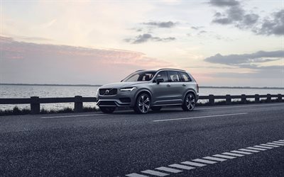 Volvo XC90, 2019, R-Design, gris SUV, exterior, nuevo gris XC90, de dos Motores, el XC90 T8, Volvo