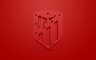 L&#39;Atletico Madrid, cr&#233;atrice du logo 3D, fond rouge, 3d embl&#232;me, club de football espagnol, La Liga, Madrid, Espagne, art 3d, le football, l&#39;&#233;l&#233;gant logo 3d